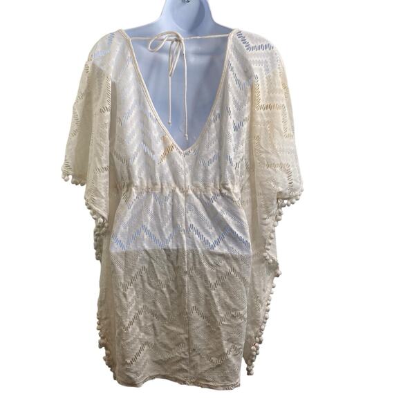Women's Miken White Boho Pom Pom Poncho Cover-Up Size S‎ Flowy Beach Pool Summer - Picture 2 of 12
